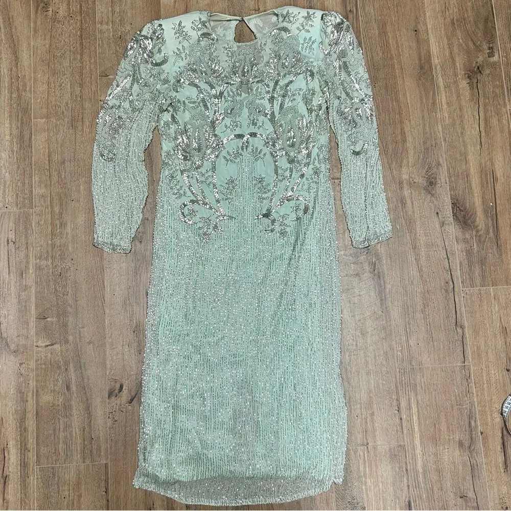❌SOLD He-Ro Industries |Vintage 100% Silk Mint Green Fancy Beaded Dress Size 10 - Picture 2 of 16
